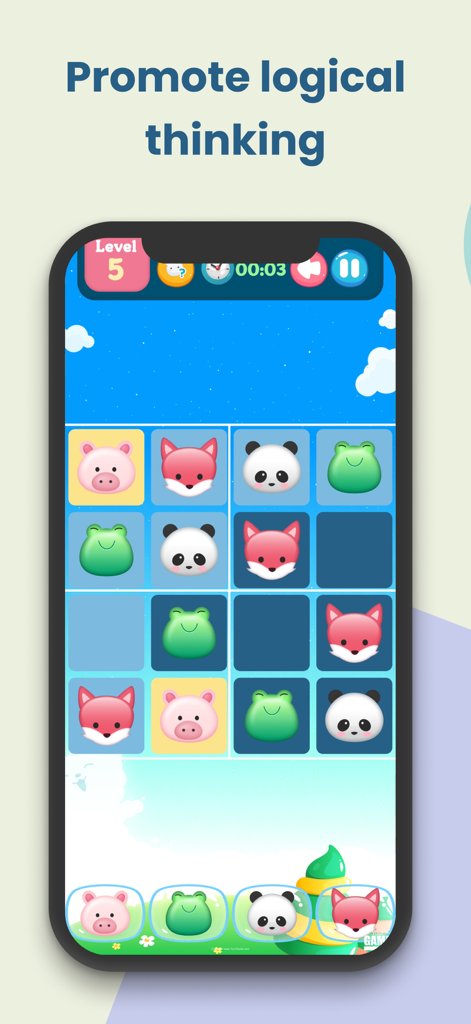 Kidoku app interface showing a 4x4 grid with cute animal characters to promote logical thinking