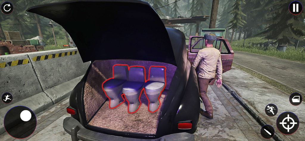 Police Patrol Officer Games 3D - Un oficial de policía inspeccionando el maletero de un coche lleno de inodoros en un juego de simulación 3D