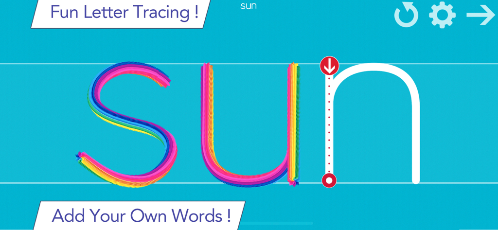 A screenshot of the Writing Wizard app showing the word SUN being traced with rainbow colors on a blue background