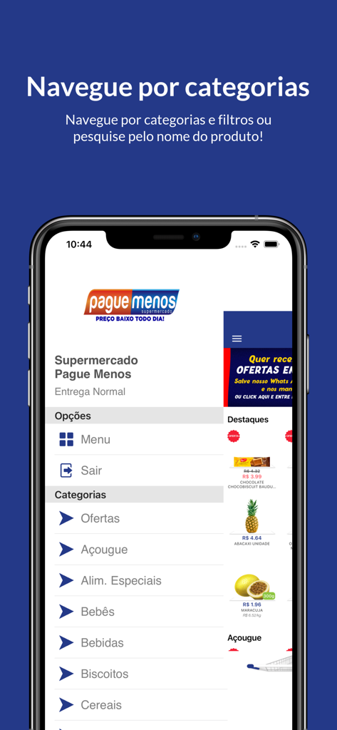 Pague Menos app interface showing a list of grocery categories for mobile shopping