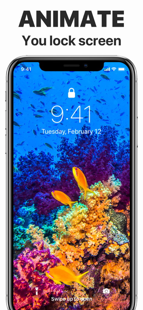 Un smartphone mostrando un vibrante fondo de pantalla en vivo submarino con coral y peces amarillos en la pantalla de bloqueo.