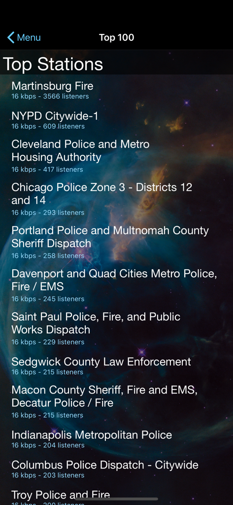 A list of the most popular police and fire radio stations in the app