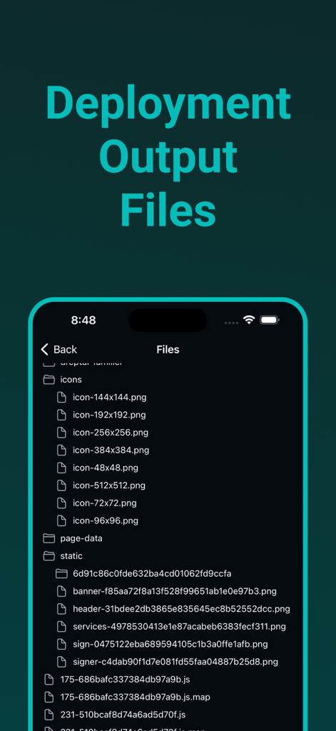 Dashify for Netlify.com - Dashify のモバイルアプリインターフェースに、Netlify プロジェクトのデプロイメント出力ファイルのディレクトリが表示されています
