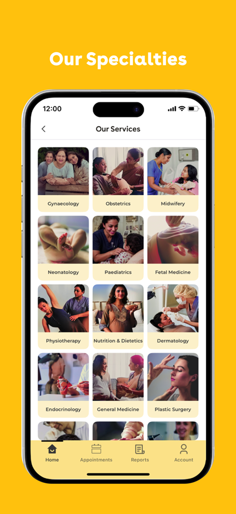 The Fernandez Hospital app screen displaying various medical specialties like Gynaecology, Obstetrics, and Paediatrics.