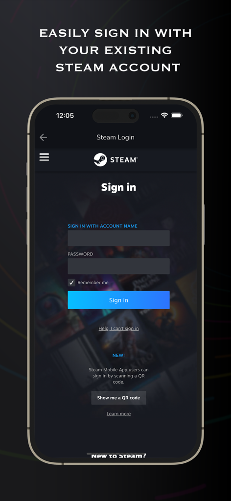 Skinmarket - Skinmarket app interface for signing in with an existing Steam account