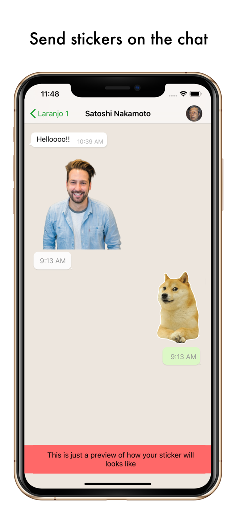 Aperçu des autocollants personnalisés dans une conversation, incluant une photo et un mème