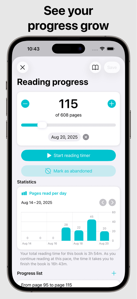 Book Tracker: Bookshelf log - iPhone screen showing reading progress tracker and daily pages read statistics in the Book Tracker app