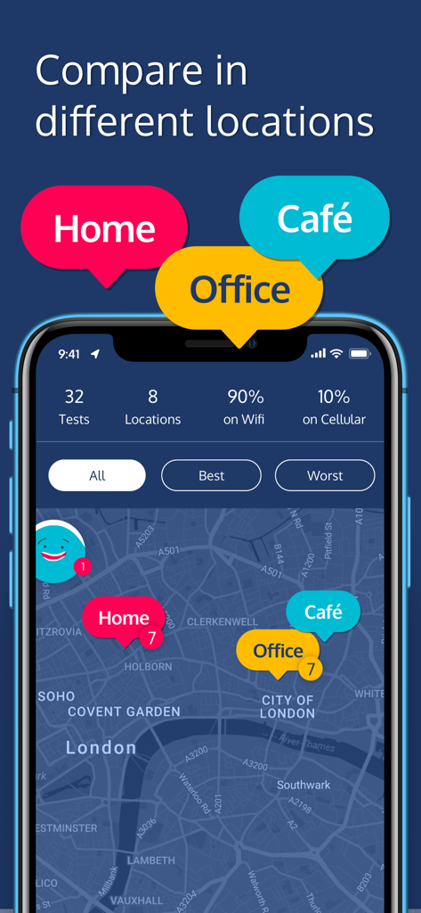 Meteor Speed Test - Ad Free - Un mapa que muestra los resultados de la prueba de velocidad de Internet etiquetados por ubicación, como Hogar, Oficina y Cafetería en la aplicación Meteor.