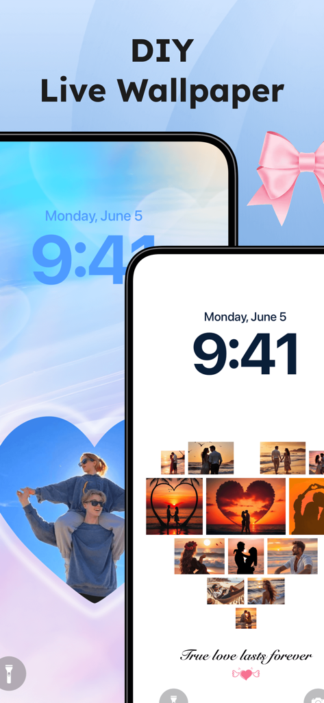 A screenshot of Themerella app showing DIY live wallpaper customization with romantic couple photos in a heart-shaped collage on an iPhone screen