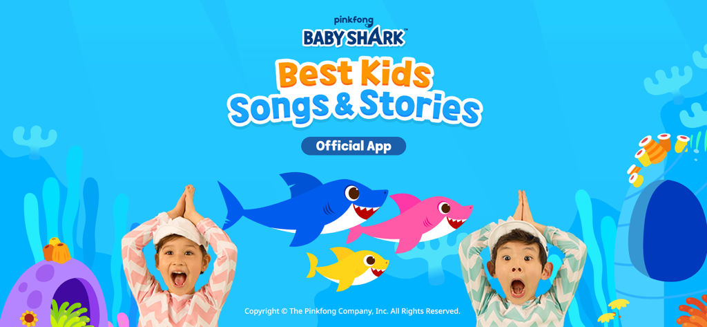 Banner oficial de la aplicación Pinkfong Baby Shark Mejores Canciones e Historias para Niños con tiburones animados y niños felices