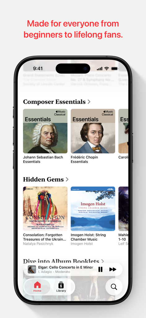 Apple Music Classical - Apple Music Classical 앱 화면에 작곡가 필수 정보와 큐레이션된 클래식 음악 플레이리스트가 표시됨.