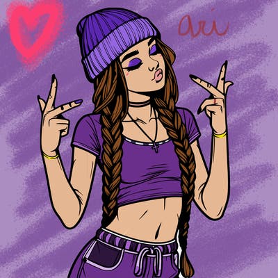 realistic teenage girl with braids and a beanie and crop top doing 🫶🏼