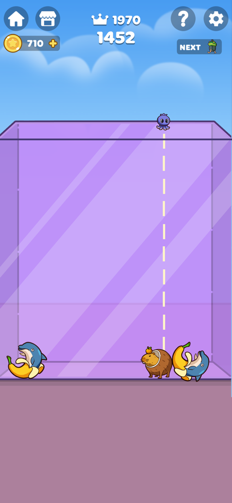 Brainrot Merge: Drop Puzzle - Gameplay screenshot of Brainrot Merge showing meme creatures like a banana dolphin and capybara in a drop puzzle container