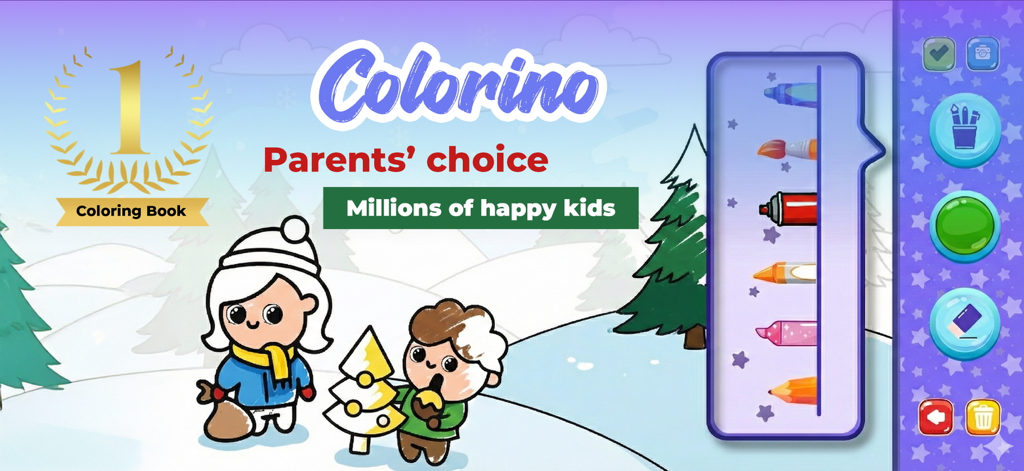 Drawing for Kids Coloring Book - Interfaz de la aplicación de dibujo Colorino que muestra una escena invernal y herramientas artísticas para niños pequeños