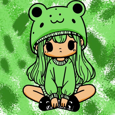 a girl wearing a frog hat and some frog socks