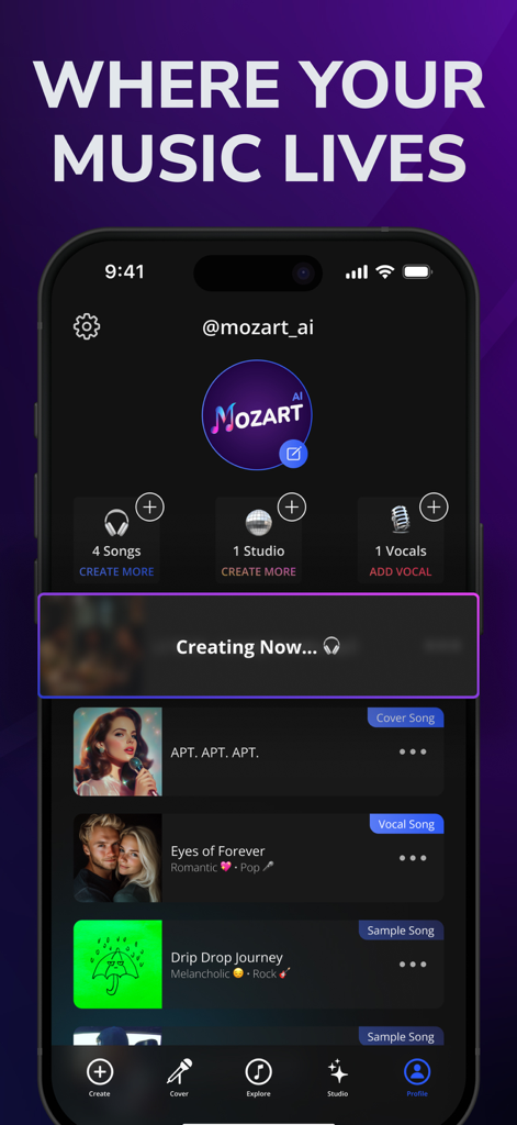 La interfaz del perfil de usuario de la aplicación Mozart AI Song Generator que muestra una biblioteca de canciones generadas y el estado de creación actual.