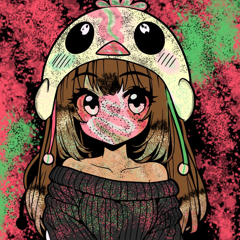 anime girl with chick shaped hat with sweater with bare shoulders with bangs covering them one eye with low tail