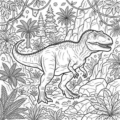 Embark on a thrilling journey to the age of dinosaurs with this captivating Giganotosaurus coloring page. Immerse yourself in a richly detailed prehistoric jungle, ready for your creative touch.