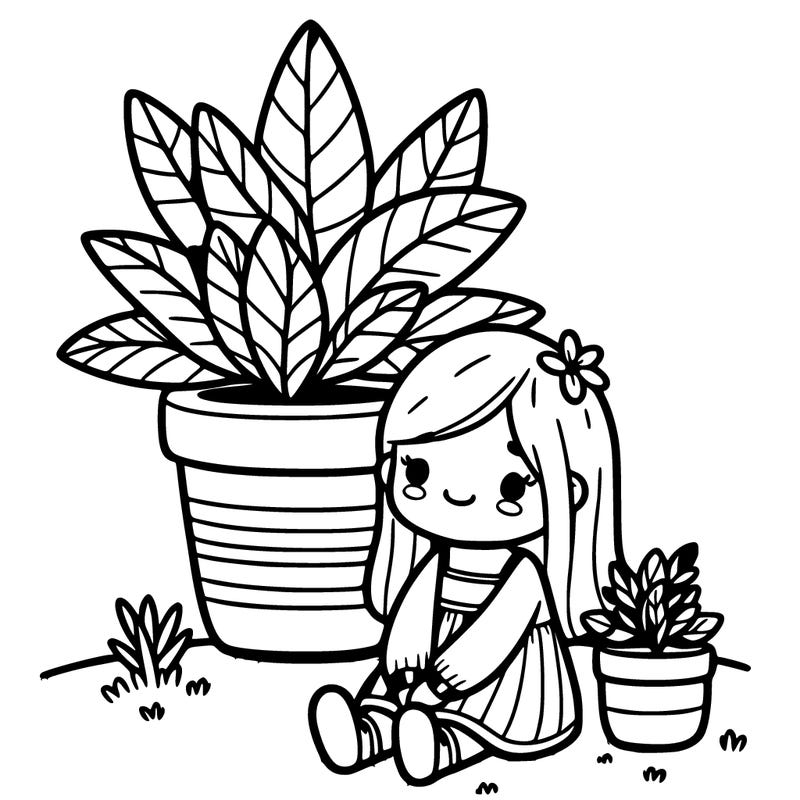 small girl sitting under a big plant in a pot