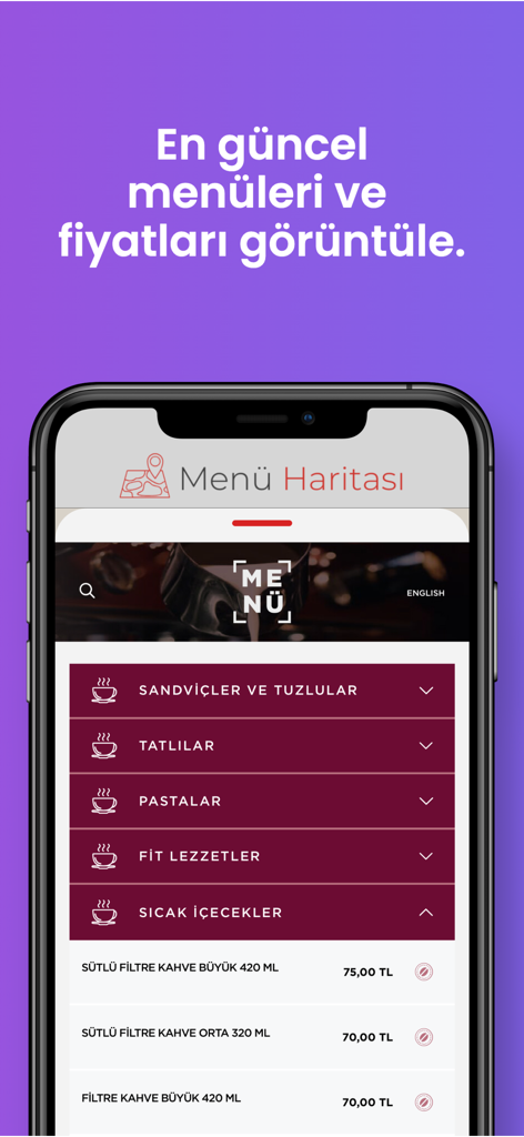 Menü Haritası: QR Kod Menü Oku - Smartphone screen showing the digital menu and prices of the Menu Haritasi app.