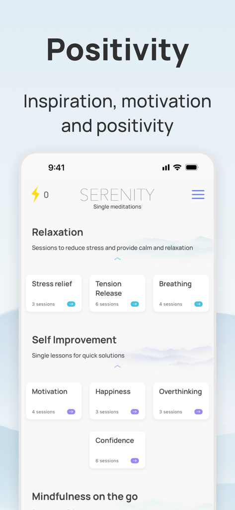 Schermata dell'app Serenity che mostra categorie di meditazione per il rilassamento e l'auto-miglioramento