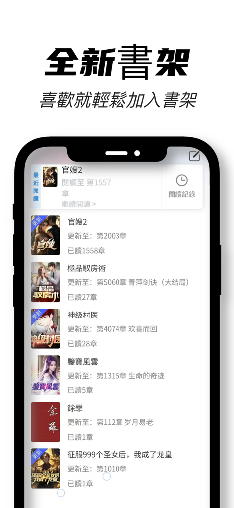 書暢小說-每日更新熱門小説 - Shuchang Fiction app bookshelf showing saved web novels and reading progress
