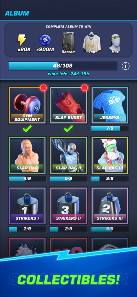 Power Slap - Écran d'album du jeu mobile Power Slap montrant des équipements de salle de sport et des objets d'entraînement à collectionner.
