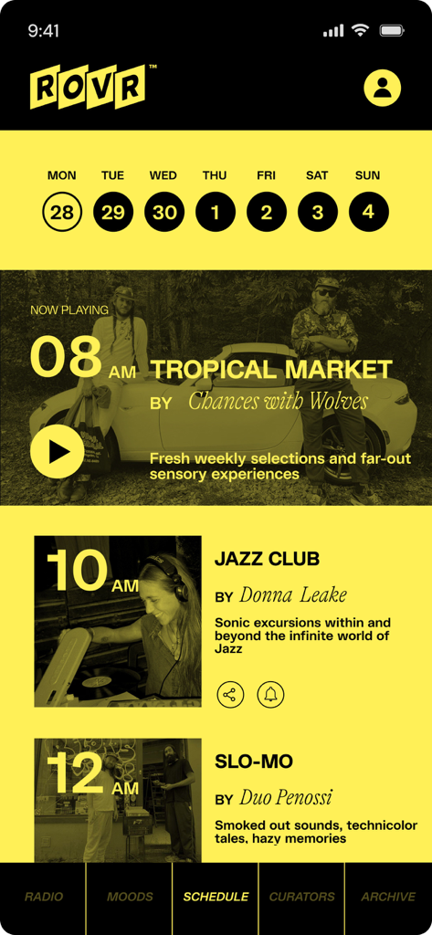 ROVR - Radio Reinvented - The schedule screen of the ROVR app listing various radio shows with their times and curators.