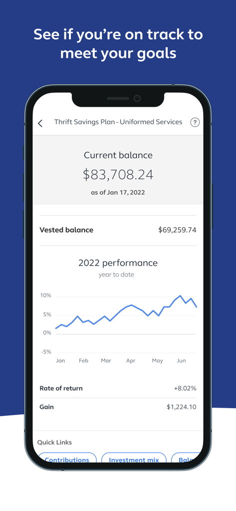 Der Zusammenfassungsbildschirm der Thrift Savings Plan App mit Saldo und Anlageperformance