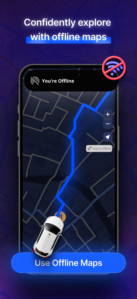 MapXplorer app interface showing the offline maps navigation feature with a car icon moving along a blue route