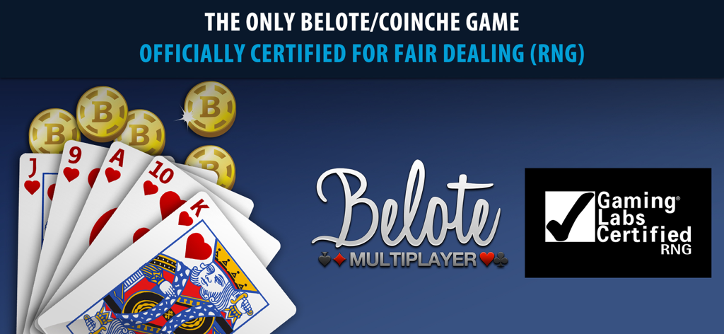 Belote & Coinche Multiplayer - Belote and Coinche Multiplayer card game banner highlighting official RNG certification for fair dealing