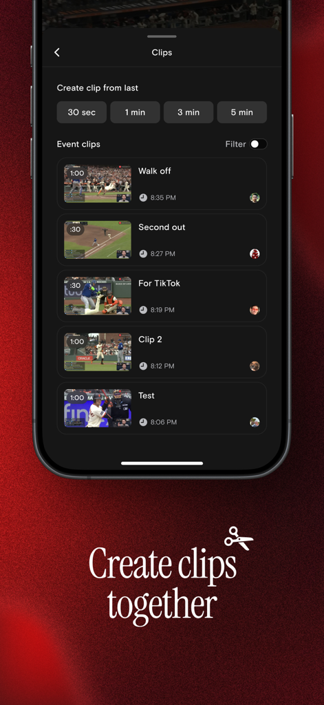 Playback: Stream Together - Interface de l'application Playback montrant l'écran de gestion des clips avec une liste de faits saillants de matchs de baseball et des options pour créer de nouveaux clips.
