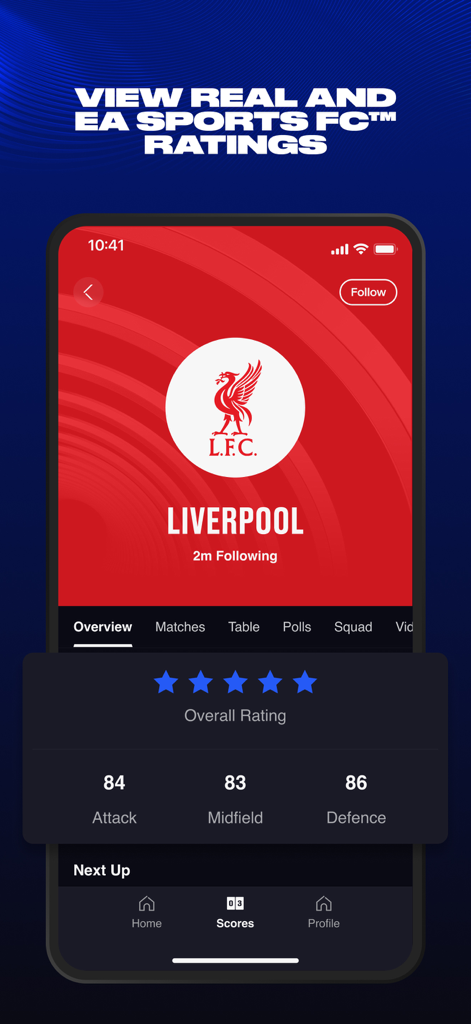 EA SPORTS App: Soccer & more - Screenshot of the EA SPORTS App showing Liverpool FC team ratings and overall performance stats.