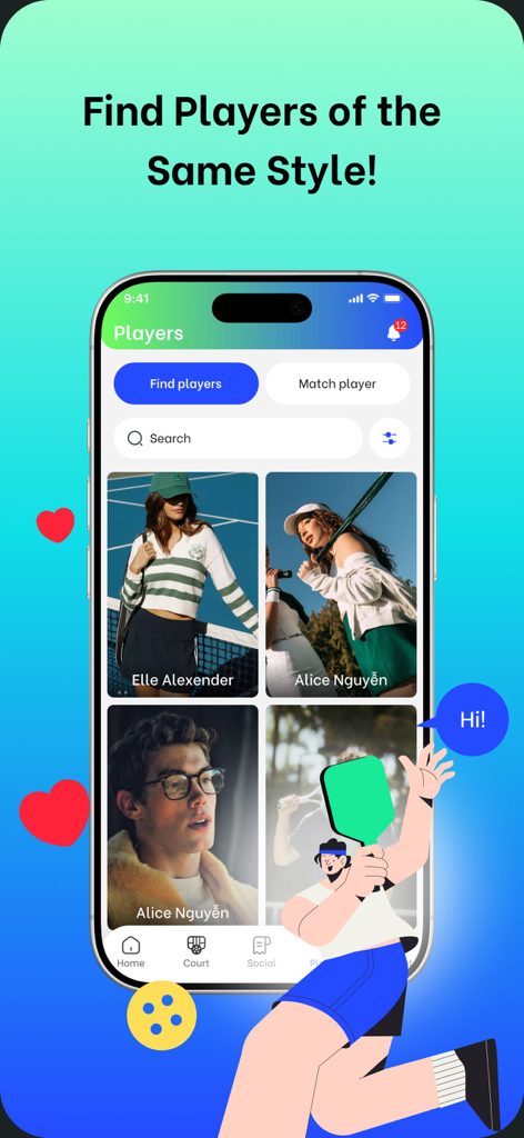Mobile app screen of Wow Sport showing profiles of pickleball players to match and play with