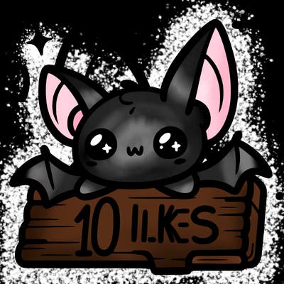 kawaii bat resting with its legs on a sign that says 10 likes