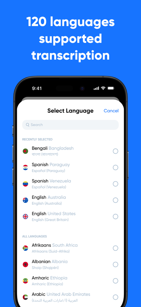 音声テキスト化でサポートされている120以上の言語が表示されたTranscribeアプリの言語選択メニューを示すスマートフォン画面。
