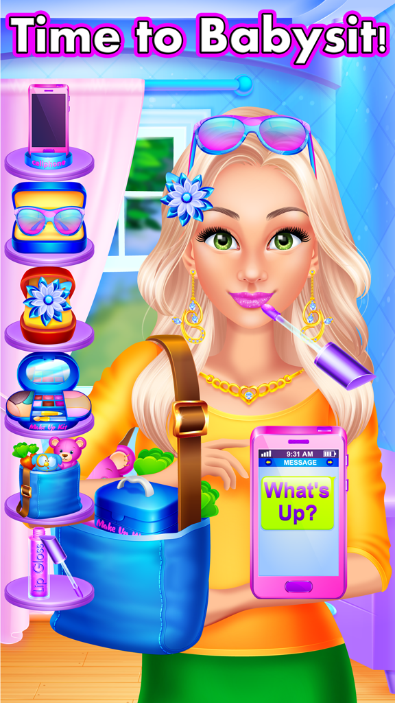 Babysitter Makeup Party Salon  - Baby Girl Games - Blonde girl character applying lip gloss in a babysitting themed makeup and dress up game