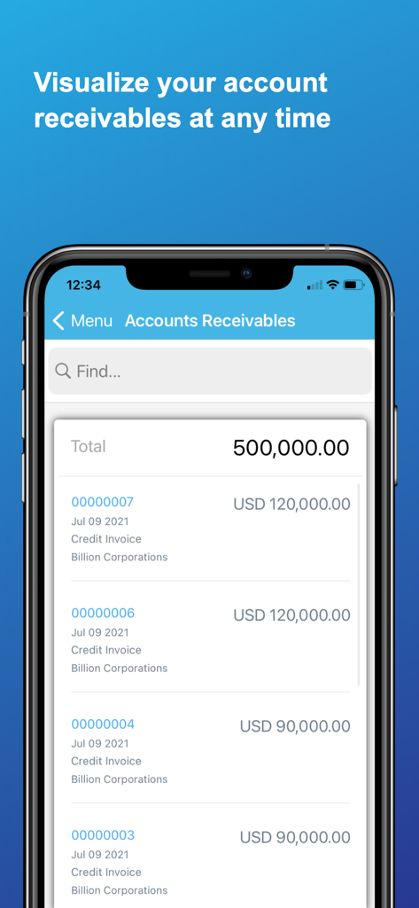 Interfaz de la aplicación móvil Adm Cloud que muestra una lista de cuentas por cobrar con números de factura y montos en USD.