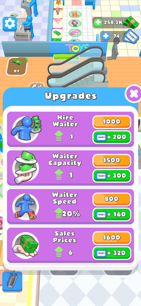 Shopping Mall 3D - Shopping Mall 3D game screen showing the upgrades menu for hiring waiters and increasing staff speed