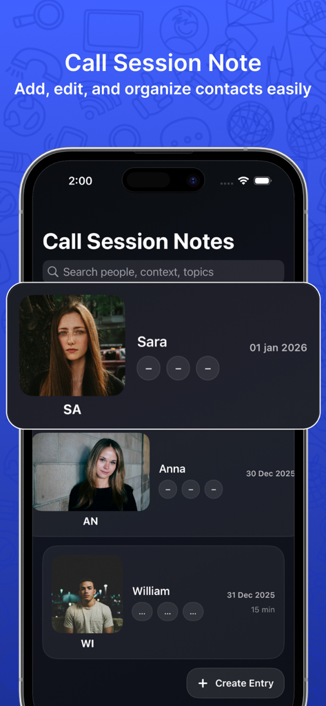 Interface of the Call Session Notes app displaying contact entries with reference images in dark mode.