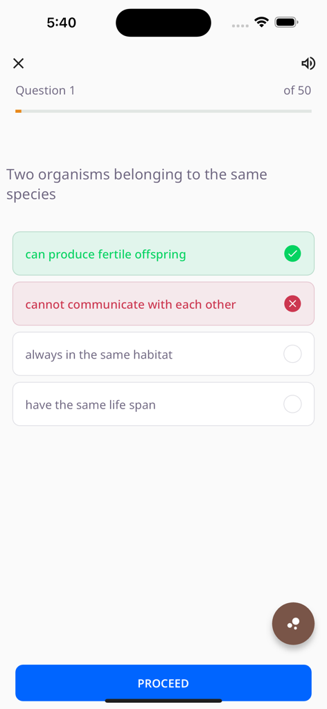 Syllabus GH - Pasco/Books/Quiz - An interactive biology quiz question on the Syllabus GH mobile app with multiple-choice answers highlighted.