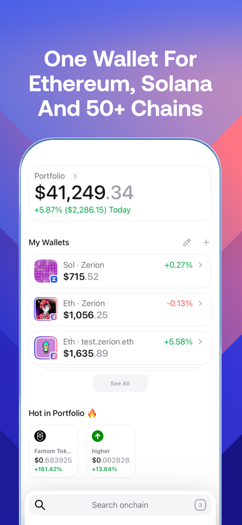 Zerion: Crypto Wallet & DeFi - Zerion app dashboard displaying a crypto portfolio balance and connected wallets for multiple chains