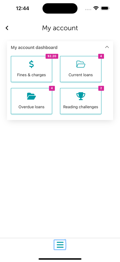 Spydus Library - Spydus Library 앱 계정 대시보드, 연체료, 현재 대출, 연체된 대출, 독서 챌린지 타일 표시