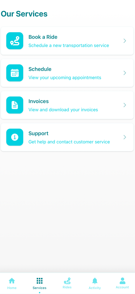 Tommy App - Tommy App services screen showing options for ride booking and scheduling
