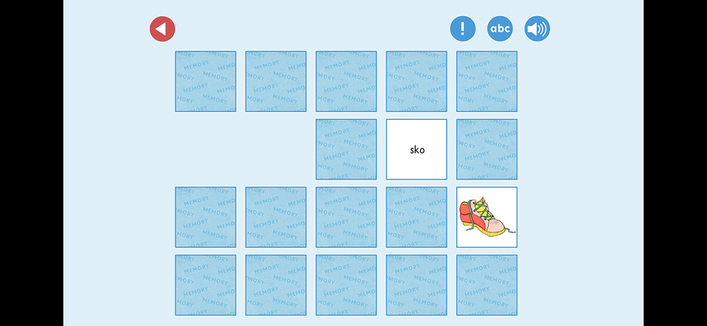 ABC-klubben: ABC-memo - Juego de memoria en la aplicación ABC-klubben emparejando la palabra sueca 'sko' con la ilustración de un zapato