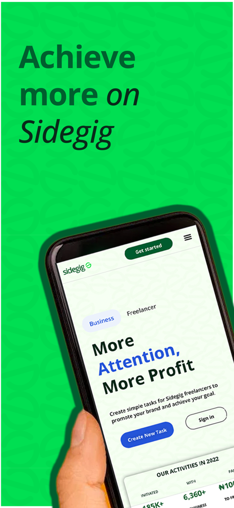Smartphone showing the Sidegig app business page for creating freelance tasks and earning money