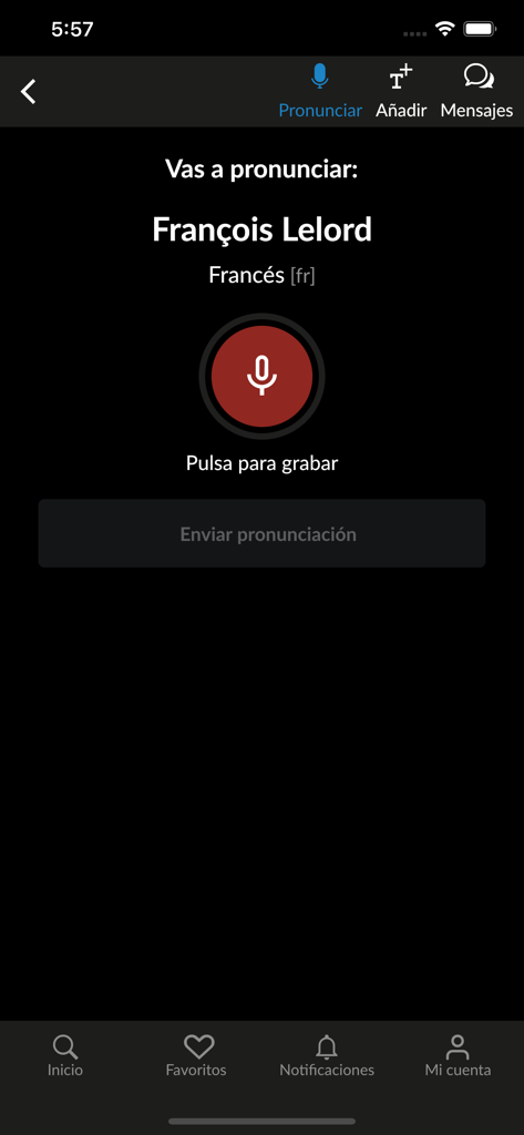 Forvo app interface showing the recording screen for the French name Francois Lelord with a large microphone button.