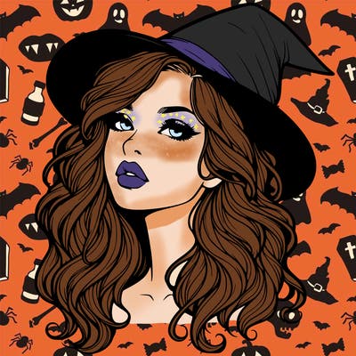realistic witch girl with wavy hair and lips