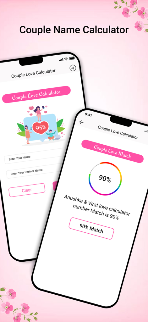 Couple Name Combiner AstroNams - Mobile app screens showing a couple love match calculation with a percentage score