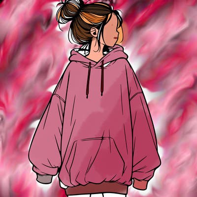 realistic girl with a oversized sweatshirt on and a bun